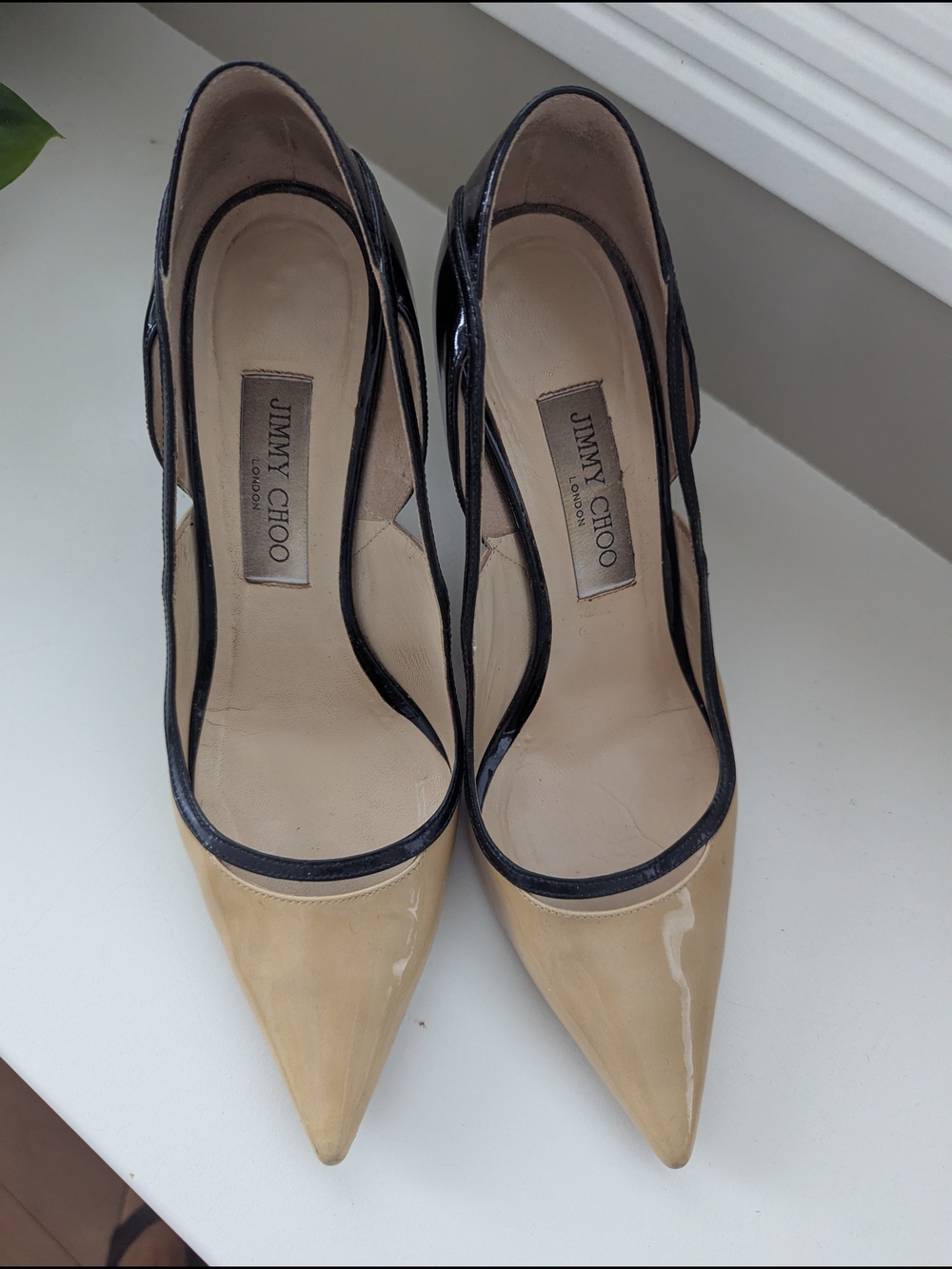 Jimmy Choo Black and Beige Patent Pointed-Toe Stiletto Pumps - Picture 2 of 5